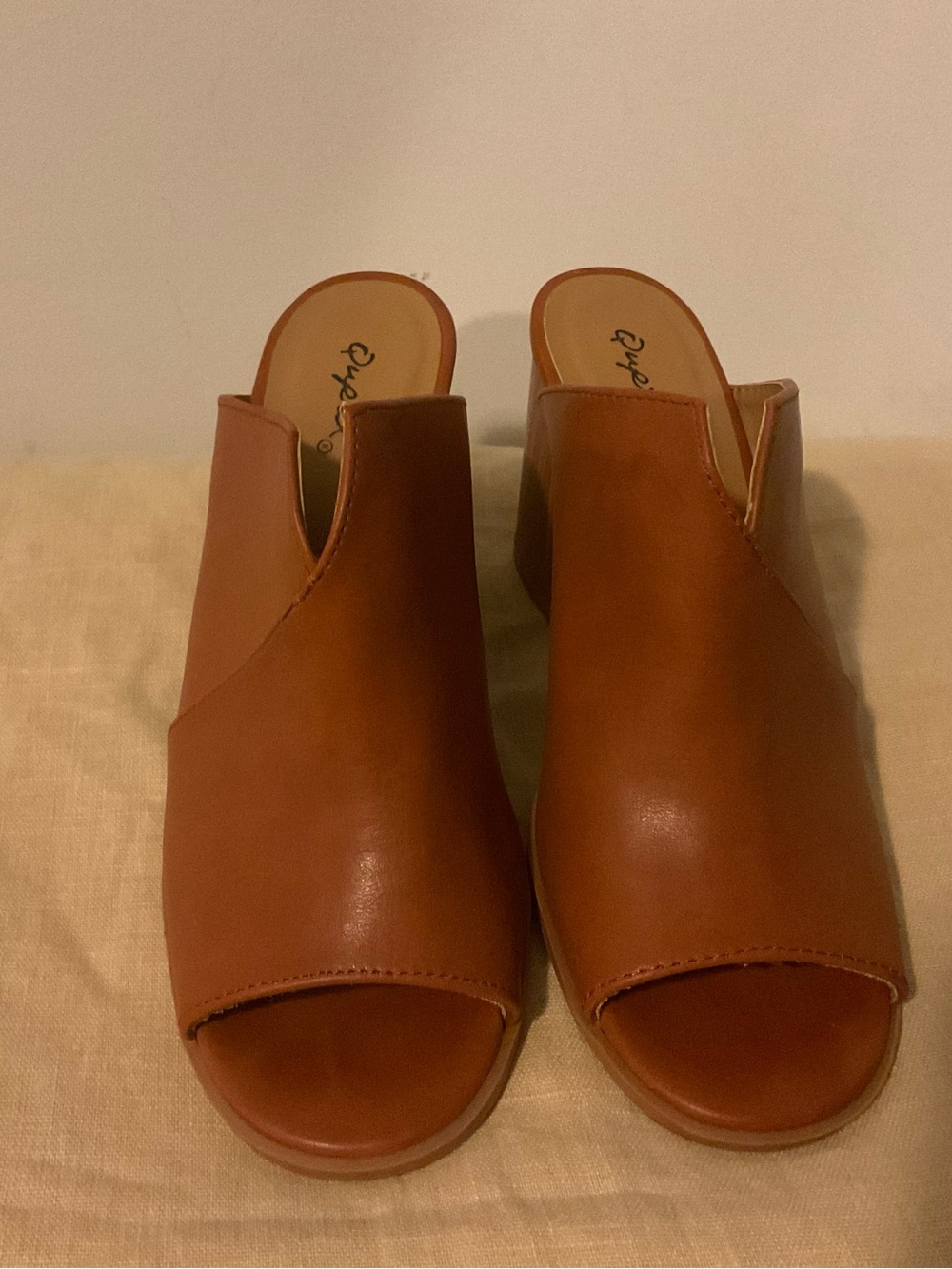 Qupid Tan Open-Toe Slide Mules